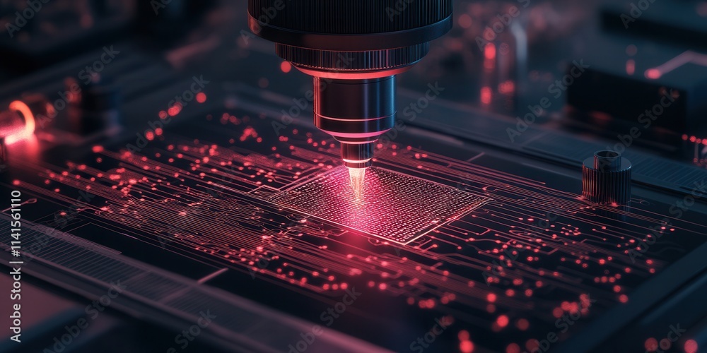 Aufkleber A close-up view of a high-tech device showcasing intricate circuitry illuminated by a vibrant red laser, emphasizing advanced technology and precision engineering.