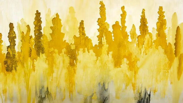 Abstract painting of golden trees in a vibrant forest landscape during a serene daylight