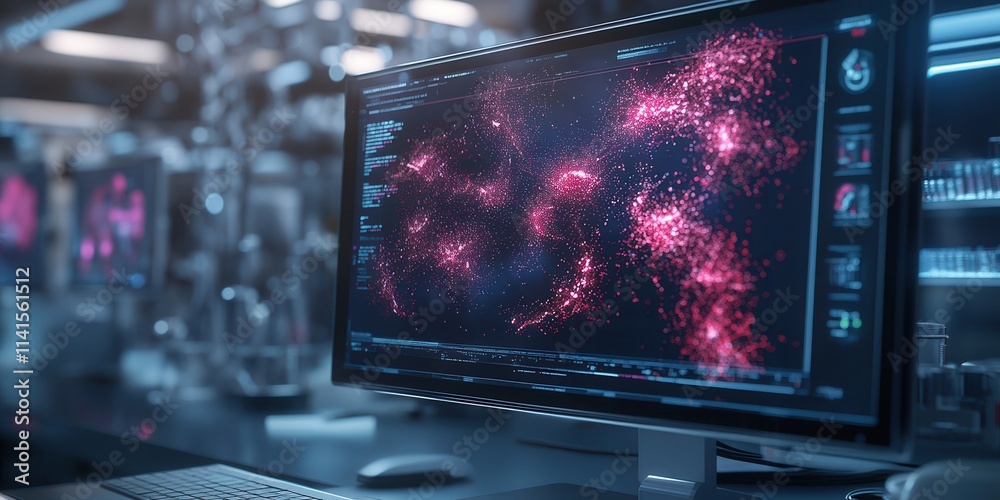 Poster a futuristic computer screen displays vibrant, swirling patterns in pink and purple, set against a h