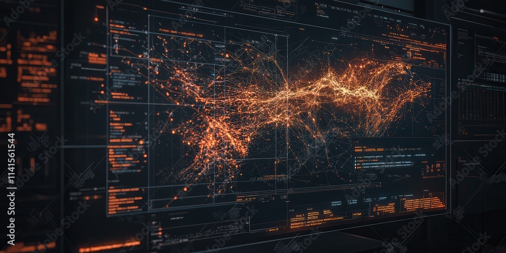 Fototapete A futuristic digital map displaying intricate data patterns and vibrant orange lines representing connections and networks.