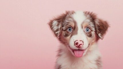 37.Hungry Australian shepherd puppy with bright, expressive eyes, sitting on a pastel pink background, licking its nose with its tongue; slightly tilted head and playful look on its face; the soft