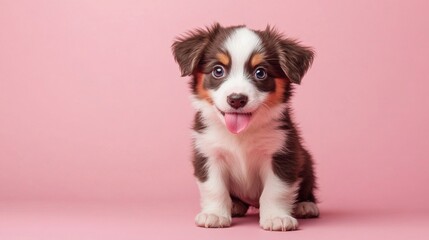37.Hungry Australian shepherd puppy with bright, expressive eyes, sitting on a pastel pink background, licking its nose with its tongue; slightly tilted head and playful look on its face; the soft