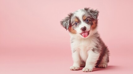Fototapeta premium 38.Cute Australian shepherd puppy in a playful pose, sitting on a pastel pink background and licking its lips; big round eyes and a happy expression as it looks toward the camera; soft, even lighting