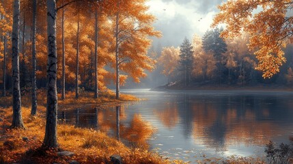 Autumnal forest reflected in calm lake.