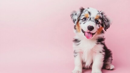 38.Cute Australian shepherd puppy in a playful pose, sitting on a pastel pink background and licking its lips; big round eyes and a happy expression as it looks toward the camera; soft, even lighting