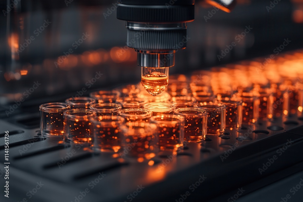 Poster A microscope analyzes a row of glass vials filled with a glowing orange liquid, showcasing a laboratory setting and intricate scientific processes.
