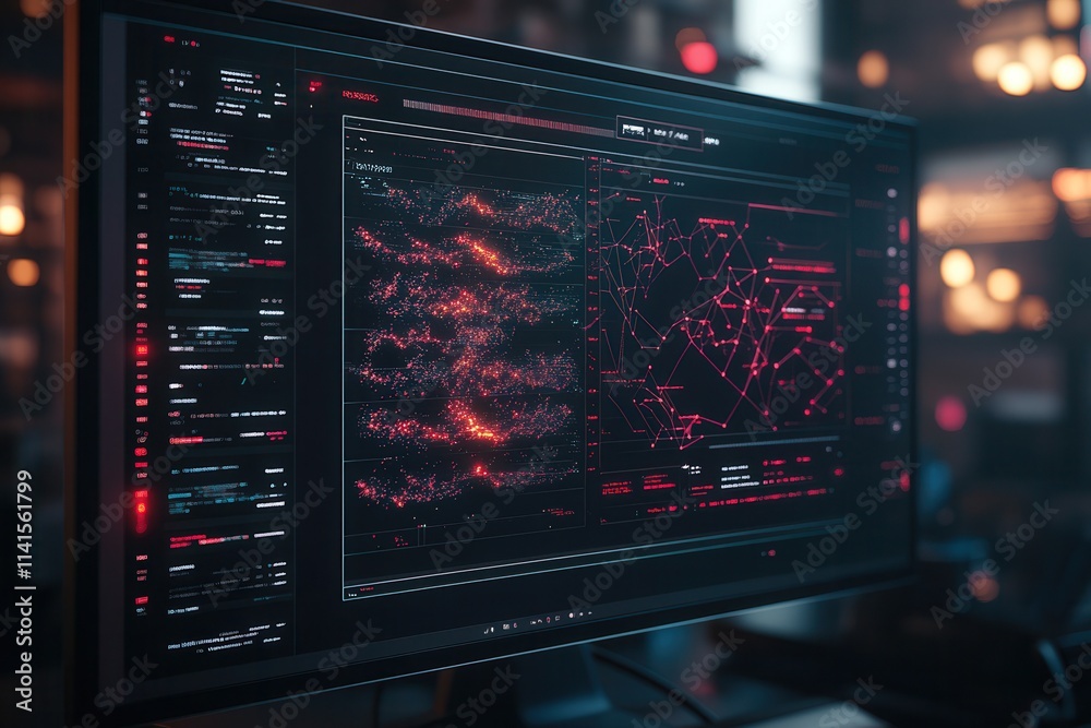 Poster A dark-themed computer screen displays complex data visualizations with vibrant red and blue elements in a cozy, illuminated environment.