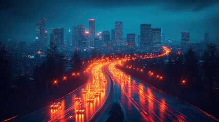 Fototapeta premium Night city highway, glowing red taillights.