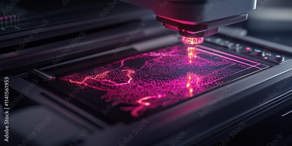 Poster A close-up view of a high-tech laser device projecting intricate patterns onto a surface, showcasing vibrant pink light and advanced technology.