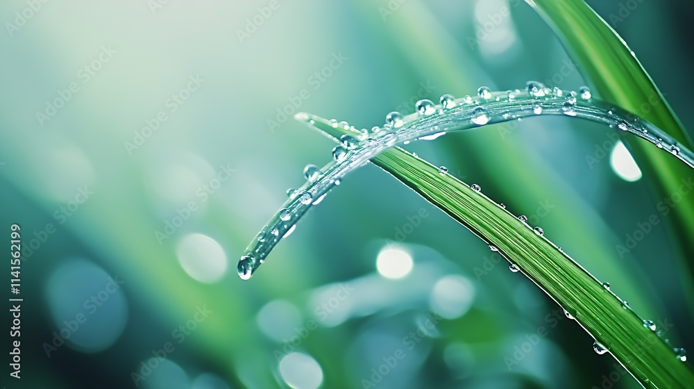 Poster dew drops on sleek green leaves in a gentle breeze illuminated by soft sunlight : generative ai