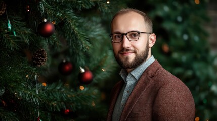Man smiling by a decorated Christmas tree.