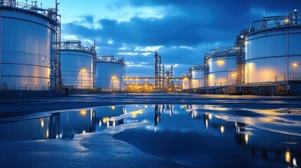 Obraz premium Industrial facility at dusk with storage tanks and reflective water.