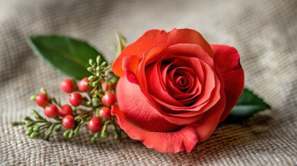 Beautiful Red Rose Flower with Green Leaves and Berries Arrangement