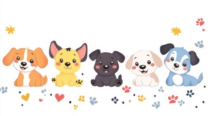 Naklejka premium 93.Decorative border with five adorable cartoon puppies, each with a cheerful smile and unique color pattern, positioned evenly around the frame; accents of tiny paw prints, stars, and hearts add a