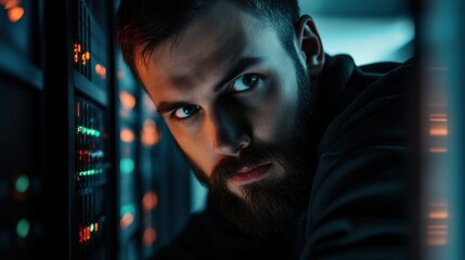 Cybersecurity expert in a dark room with network servers and futuristic technology