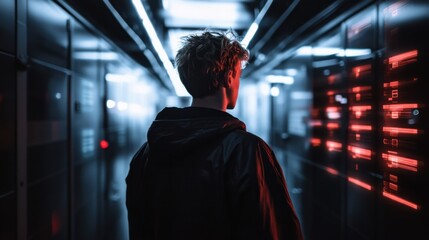 Cybersecurity expert analyzing data in a dimly-lit server room