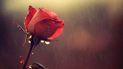 Close-Up of a Red Rose with Raindrops and Moody Background