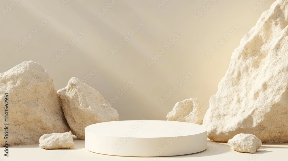 Poster Minimalist display featuring a circular platform surrounded by large rocks and soft lighting.