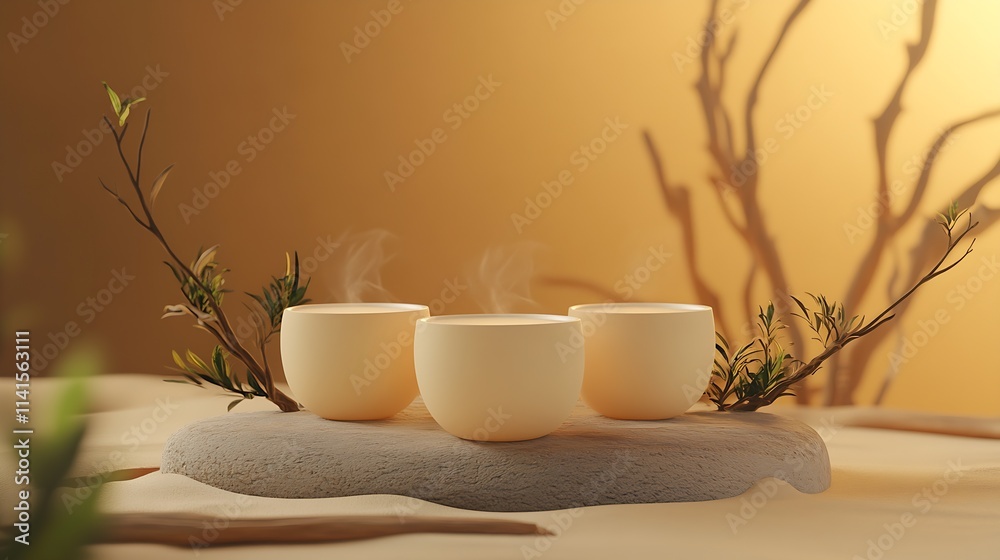 Poster three steam cups with branch decor against warm amber background : generative ai