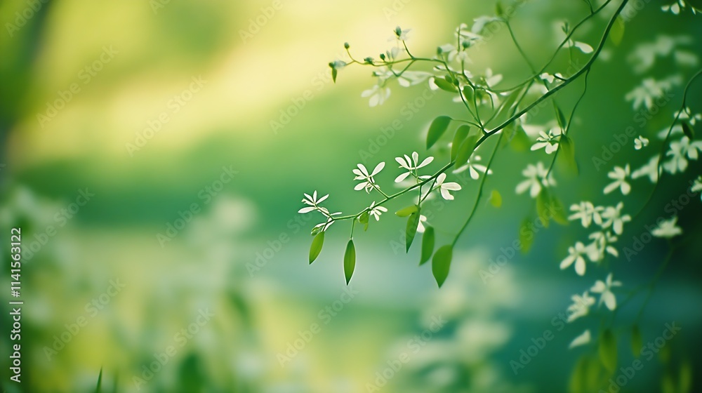 Poster elegance of drooping greenery with white flowers on bright background : generative ai