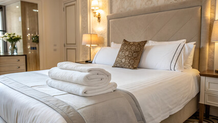 Folded towels on hotel room, bedroom with folded towels on crisp white sheets. Comfortable guest bedroom. Created with Generative AI.