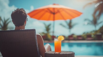 Relaxing Under Sun Umbrella with Vibrant Orange Cocktail by Crystal Blue Pool : Generative AI