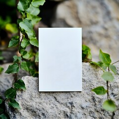 An empty white card placed upright on a natural stone slab with green vines crawling around.