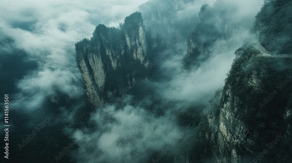 Poster Misty mountain landscape with towering cliffs and clouds creating a dramatic atmosphere.