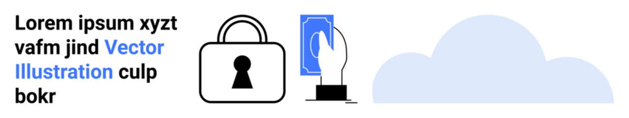 Hand holding a credit card, padlock symbol for security, cloud in the background. Ideal for online security, data protection, cloud storage, secure transactions, privacy, fintech solutions digital