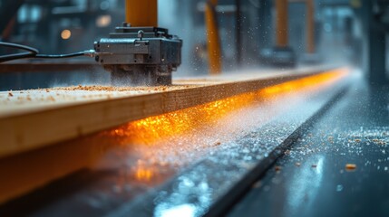 Fototapeta premium Automated wood processing line with high-tech machinery. Processing lumber with water jets and automated tools. 