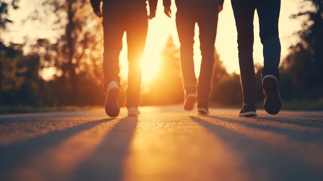 Three Friends Walking Together at Sunset on a Scenic Pathway Surrounded by Nature, Casting Long Shadows on the Ground, Capturing the Essence of Friendship and Adventure