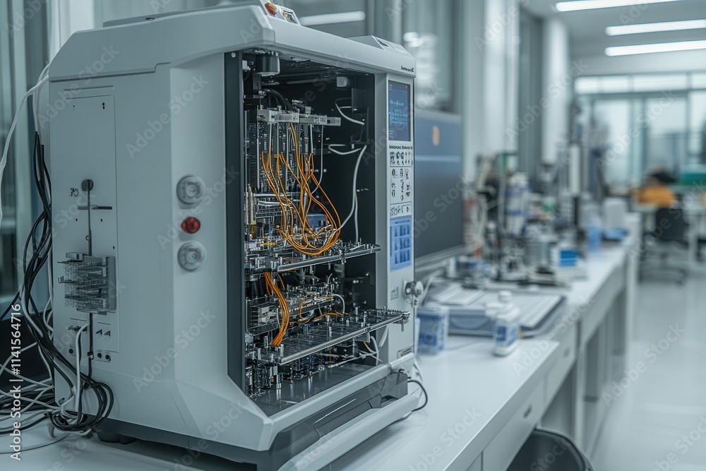 Poster A laboratory machine with intricate wiring and components, showcasing a high-tech environment and advanced research capabilities.