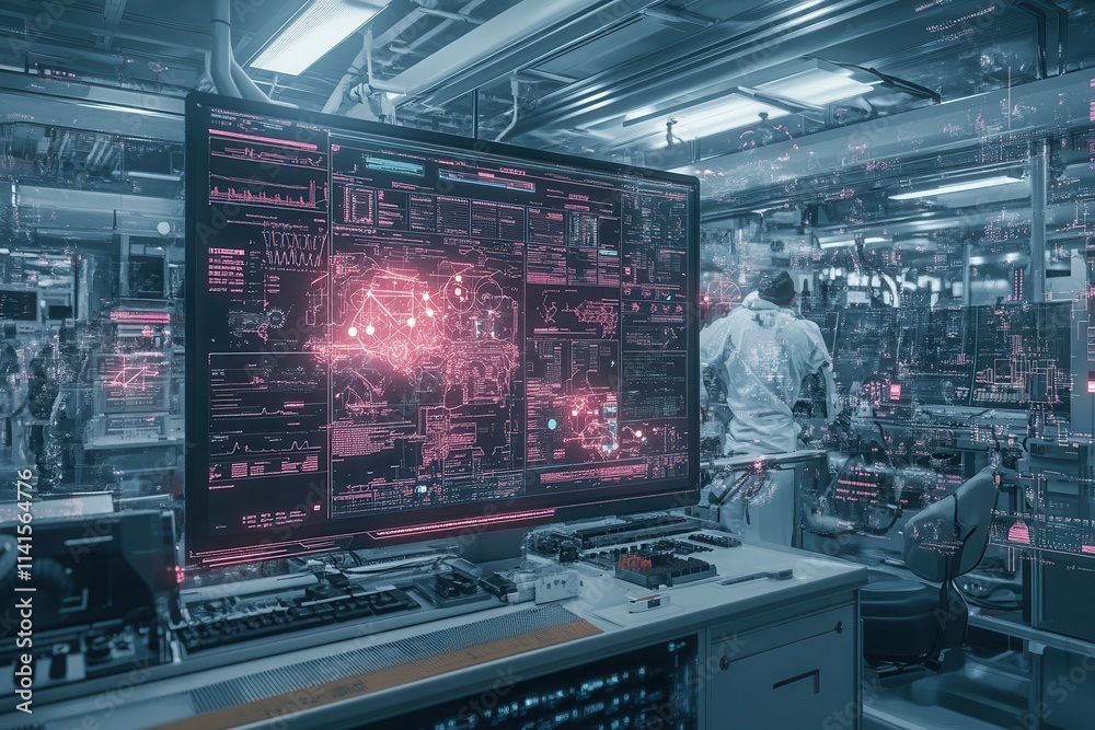 Poster A high-tech control room features a glowing display with complex data while a person operates machinery in a futuristic environment.