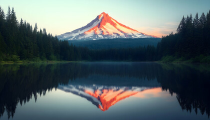 Mountain Lake Sunset Reflection Realistic Image