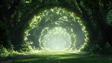 Fototapeta premium Enchanting ancient forest grove with lush greenery and sunlit pathway