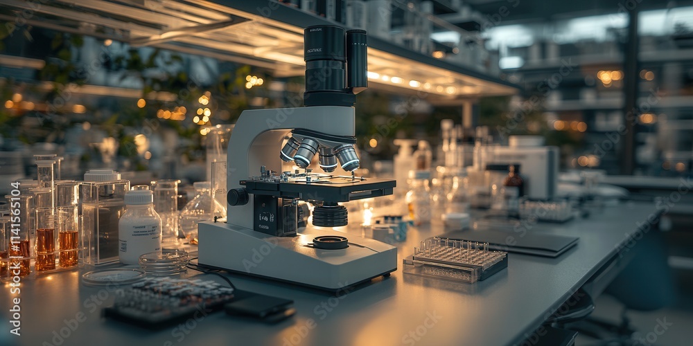 Poster a modern laboratory setting featuring a microscope surrounded by beakers and test tubes, illuminated