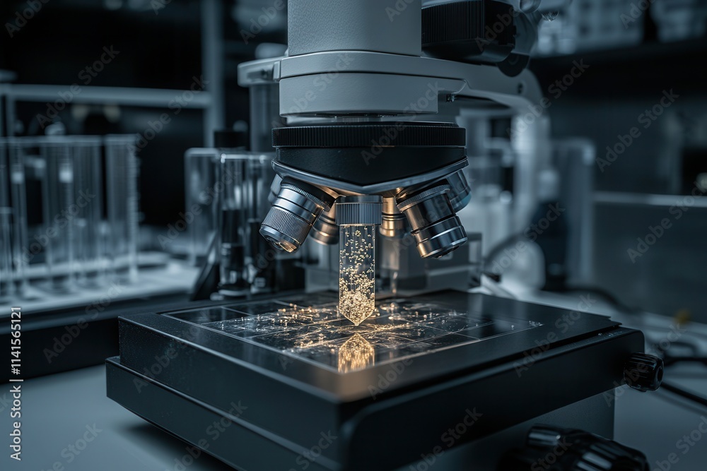 Poster A high-tech microscope positioned over a sample, showcasing intricate details and illuminated by focused light in a modern lab setting.