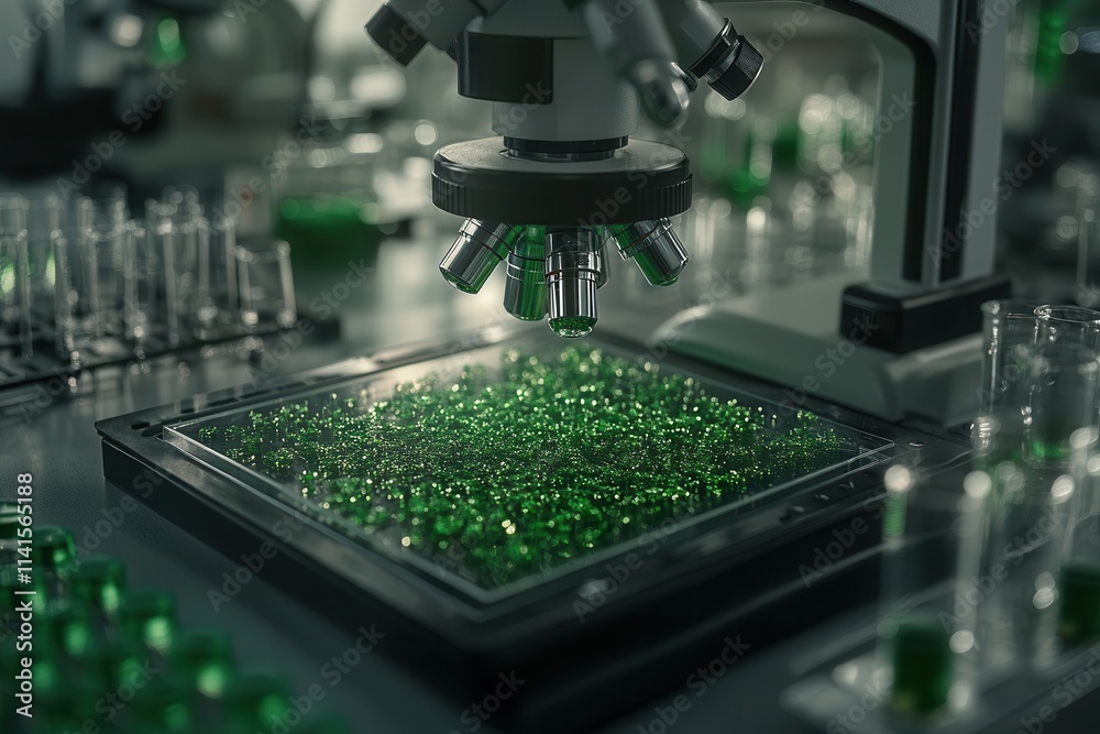 Poster a close-up of a microscope examining vibrant green samples, surrounded by glass vials, highlighting 