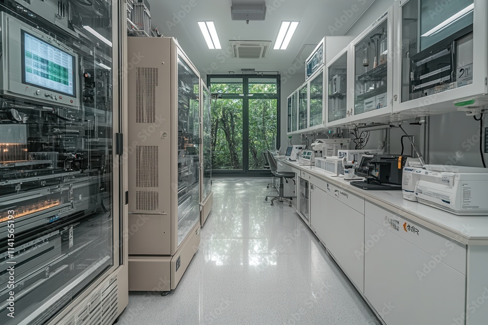 Poster modern laboratory with advanced equipment and large windows, blending technology and nature for inno