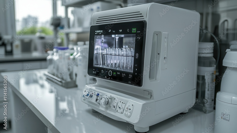 Poster a modern medical device displayed on a laboratory countertop, featuring a digital screen and various