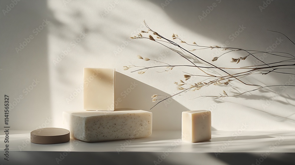 Poster Sunlit Soap Arrangement with Shadow Play and Airy Natural Elements : Generative AI