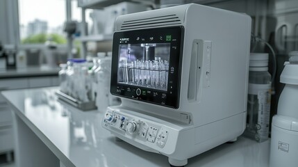 A modern medical device displayed on a laboratory countertop, featuring a digital screen and various controls, surrounded by laboratory equipment.