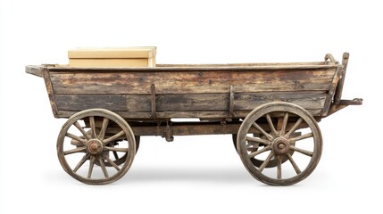 An old wooden cart with wheels and an empty box on the back, isolated on a white background. A rustic farm wagon in profile view with a large, antique wooden wheelbarrow for carrying heavy objects or 