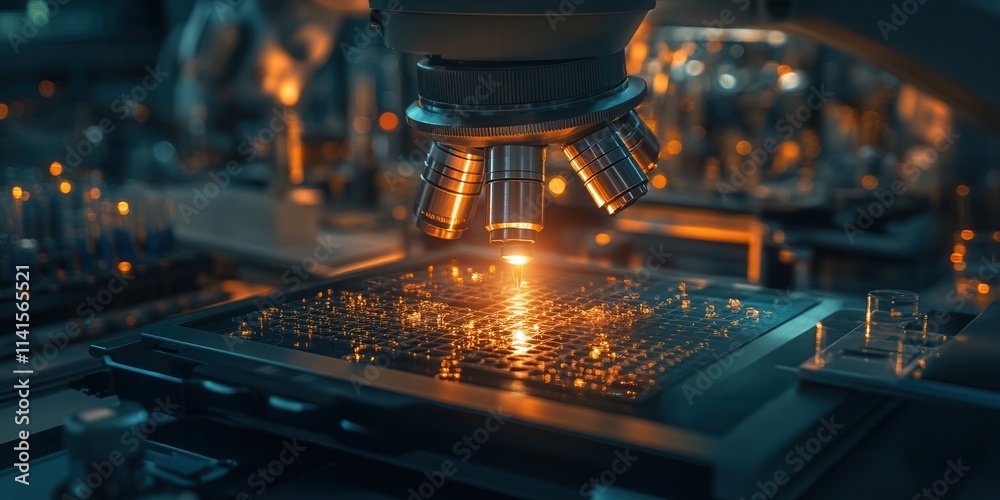 Poster A close-up view of a microscope analyzing a microchip, illuminated with warm lights, showcasing intricate circuitry and advanced technology.