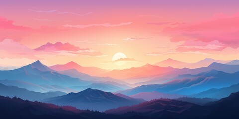 Fototapeta premium Colorful Vector Illustration of a Sunrise Over Majestic Mountains with Vibrant Sky and Unique Shapes in a Digital Art Style