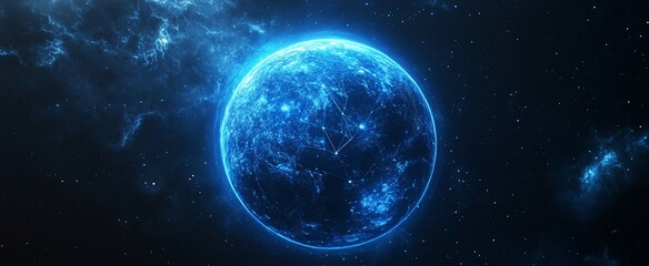 Fototapeta premium Glowing blue planet in dark space.