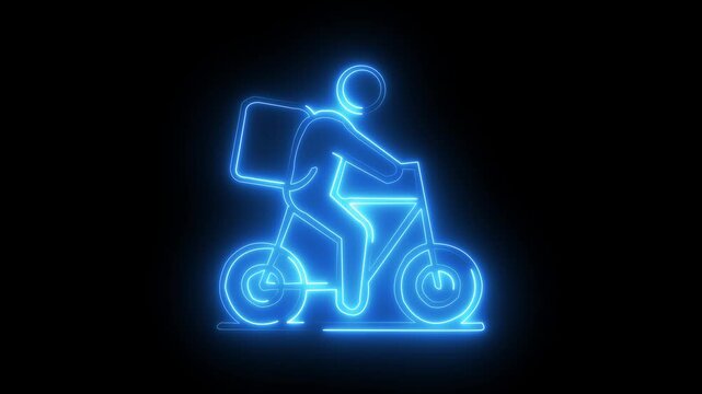 delivery man cycle icon abstract seamless animation of 4K neon lines. Beautiful animation of multicolored neon lines 4k video. Man is riding with bicycle icon animation, 