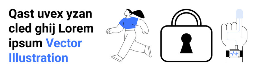 Woman in blue shirt walking, large padlock icon, and hand with smartwatch and finger touching. Ideal for digital security, technology, privacy, user interface, wearable tech, biometrics