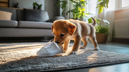 50.Adorable puppy in a modern living room, happily chewing on a sneaker on a plush rug; its curious eyes focused on the shoe, with bits of chewed laces spread around; soft lighting from the window