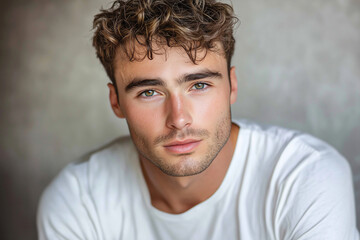 Fototapeta premium young man with a beard and green eyes is wearing a white shirt. He is looking directly at the camera